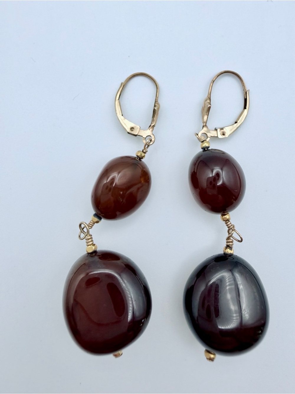 Vintage 14K Gold Filled Carnelian Double Drop Leverback Dangle Earrings